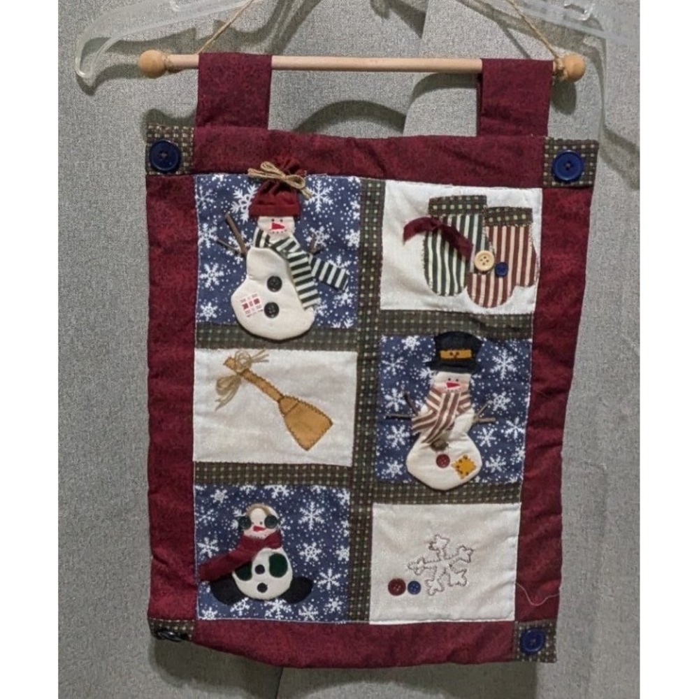 Wall Hanging Home 12x17 Burgundy Excellent Primitive Snowman Quilt